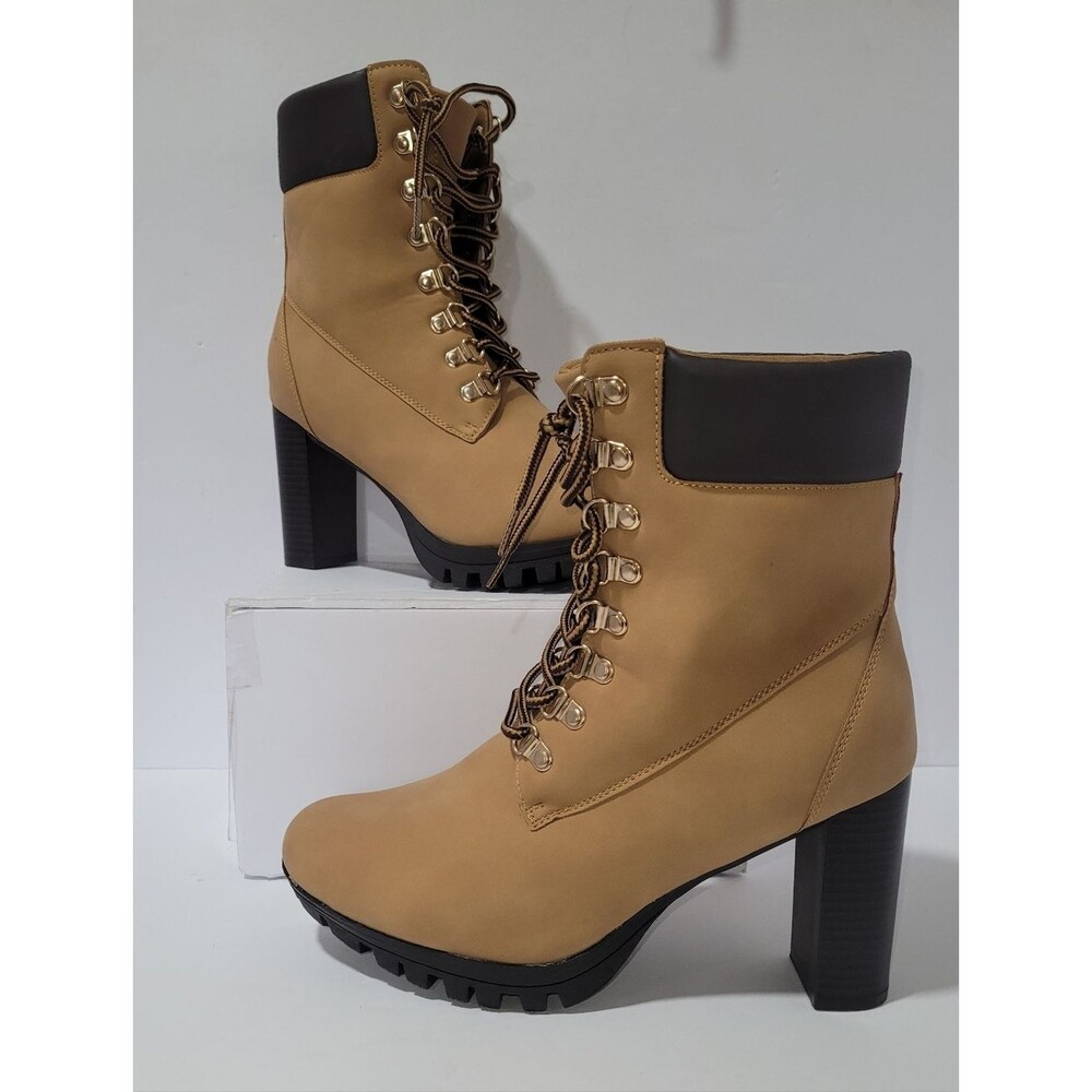 Womens Size 10 Tan Lace-Up Chunky Block Heel Utility Booties